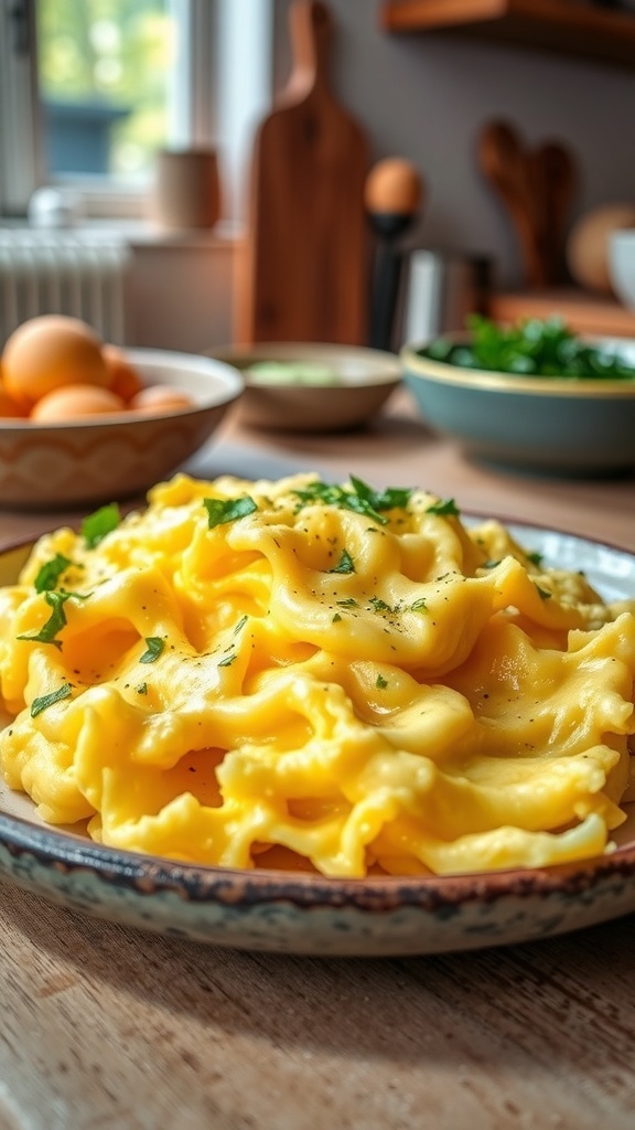 Fluffy scrambled eggs garnished with herbs on a rustic plate in a cozy kitchen.